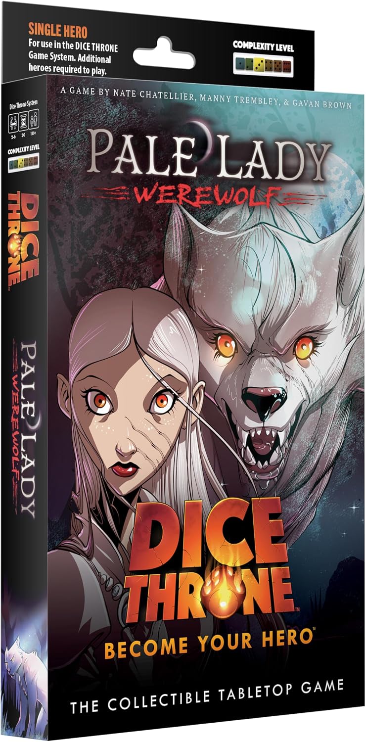 The Pale Lady enters the Mad King’s arena, deceptively delicate yet deadly. Don’t be fooled by her fragile appearance. She corners her foes with cunning before transforming into a savage Werewolf, making every roll a threat in fast-paced battles.

Dice Throne is a fast-playing game of skilled card play and dice manipulation for 2–6 players. Roll your hero’s custom dice up to three times per turn to activate unique abilities, unleash attacks, and outplay opponents. All heroes are fully compatible across the