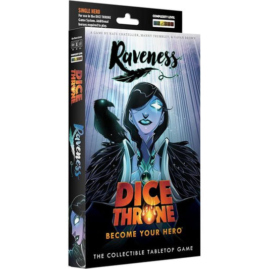 The Raveness enters the Mad King’s arena, nevermore to be ignored. All who hear the gentle rapping at their chamber door beware: the Raveness and her raven Nevermore descend, circling and ensnaring, sending fear into the weak and poor, consuming all in their path.

Dice Throne is a fast-playing game of skilled card play and dice manipulation for 2–6 players. Roll your hero’s custom dice up to three times per turn to activate unique abilities, unleash attacks, and outplay opponents. All heroes are fully comp