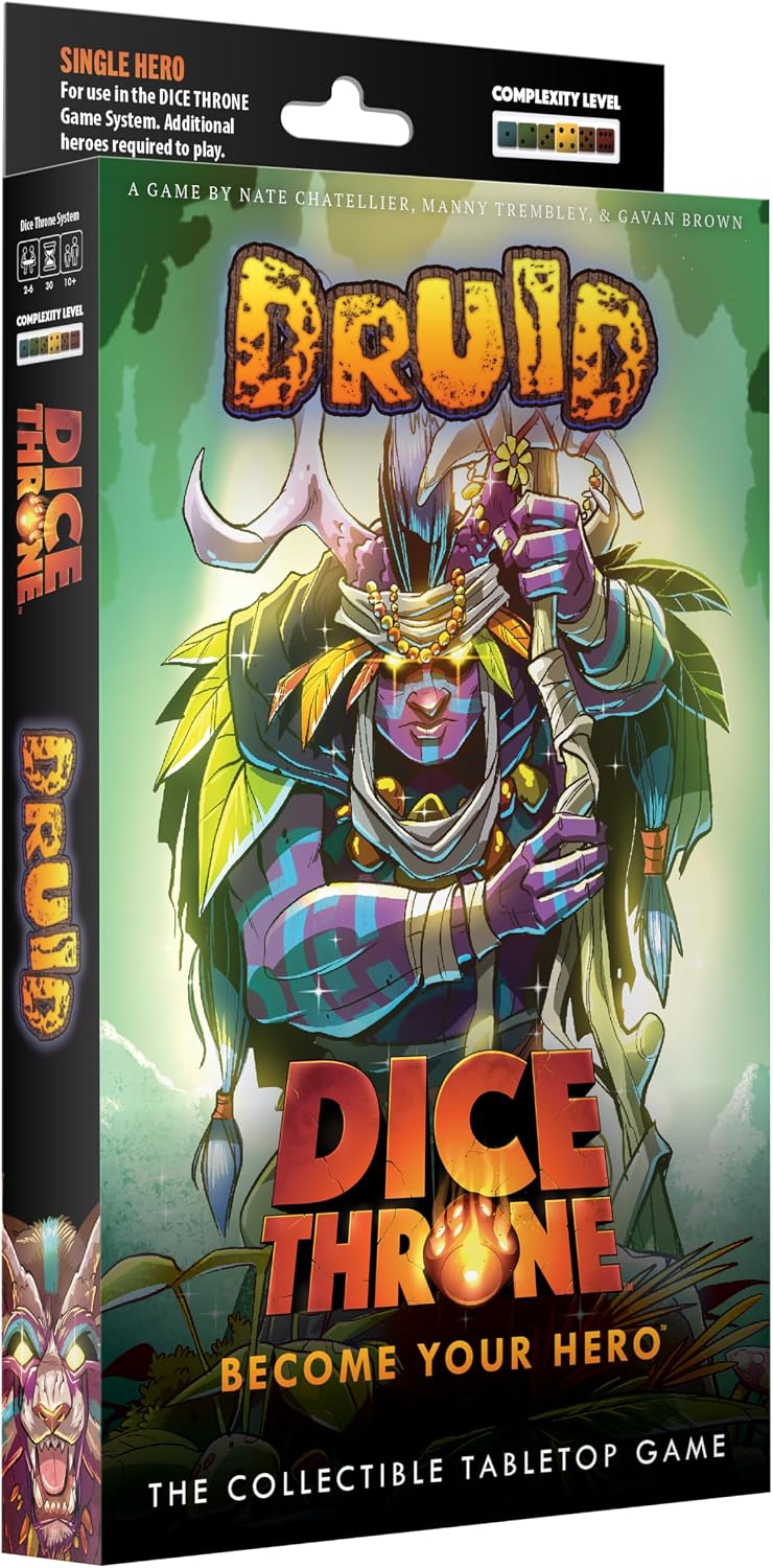 The Druid enters the Mad King’s arena, answering the call of the wild. Transforming into a formidable bear to withstand heavy blows and a ferocious cat to strike with powerful attacks, the Druid adapts to every challenge the battlefield presents.

Dice Throne is a fast-playing game of skilled card play and dice manipulation for 2–6 players. Roll your hero’s custom dice up to three times per turn to activate unique abilities, unleash attacks, and outplay opponents. All heroes are fully compatible across the