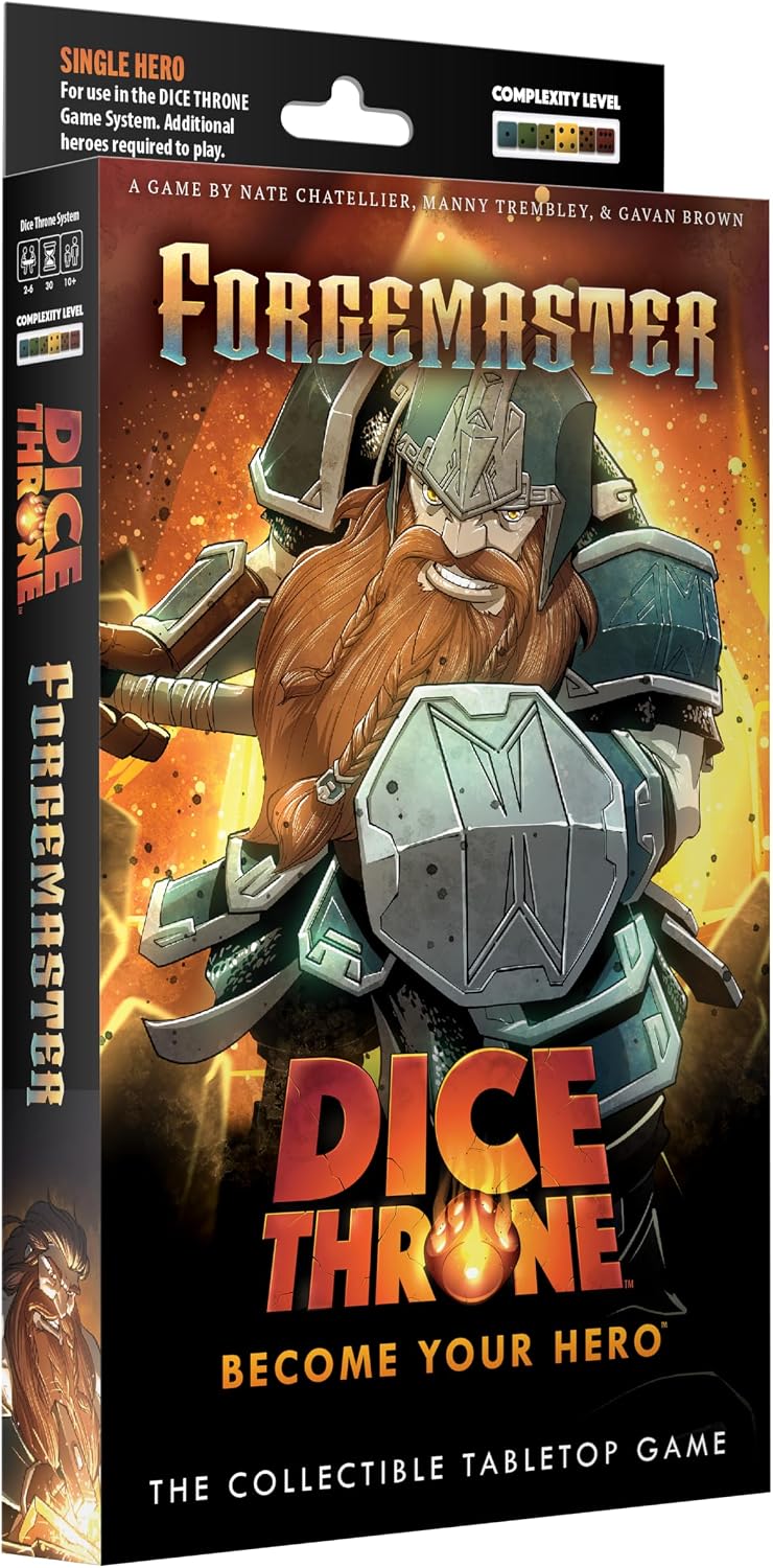 The Forgemaster enters the Mad King’s arena, driven by the quest for ultimate riches. Short, stout, and unstoppable once fully armored, he mines the battlefield for gold, diamond, and the rarest ore: Ultimanium. Focused on crafting the finest armor for himself, he’ll lend a helping hand to allies… if they also sport a beard.

Dice Throne is a fast-playing game of skilled card play and dice manipulation for 2–6 players. Roll your hero’s custom dice up to three times per turn to activate unique abilities, unl