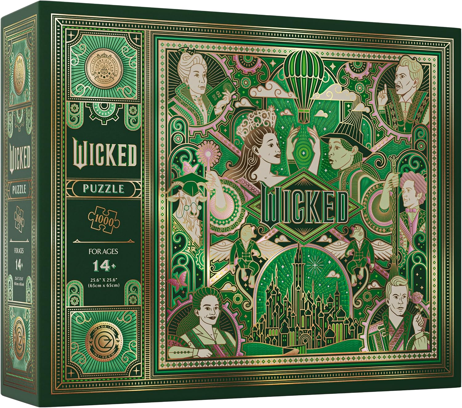 This 1,000 piece jigsaw puzzle brings the iconic characters and references from Wicked to life in vivid detail. The puzzle pieces themselves feature elegant gold foil, and arrive nestled inside a premium carrying pouch.
Forge your path through the Land of Oz with Glinda, Elphaba, The Wizard, and all of your favorite characters! After you complete the puzzle, your adventure continues with an interactive, immersive, online experience that enhances your quest to defy gravity.
The Wicked puzzle is designed to b
