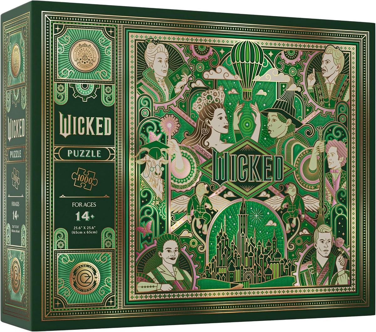 This 1,000 piece jigsaw puzzle brings the iconic characters and references from Wicked to life in vivid detail. The puzzle pieces themselves feature elegant gold foil, and arrive nestled inside a premium carrying pouch.
Forge your path through the Land of Oz with Glinda, Elphaba, The Wizard, and all of your favorite characters! After you complete the puzzle, your adventure continues with an interactive, immersive, online experience that enhances your quest to defy gravity.
The Wicked puzzle is designed to b