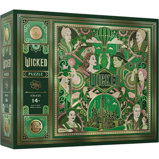 This 1,000 piece jigsaw puzzle brings the iconic characters and references from Wicked to life in vivid detail. The puzzle pieces themselves feature elegant gold foil, and arrive nestled inside a premium carrying pouch.
Forge your path through the Land of Oz with Glinda, Elphaba, The Wizard, and all of your favorite characters! After you complete the puzzle, your adventure continues with an interactive, immersive, online experience that enhances your quest to defy gravity.
The Wicked puzzle is designed to b