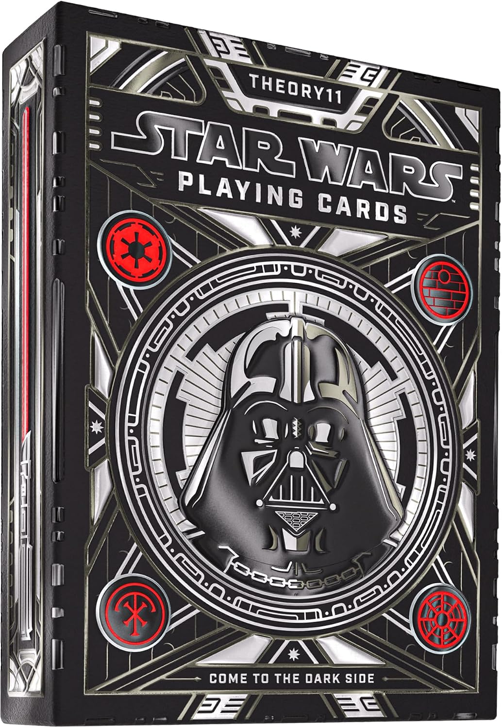 CHANNEL YOUR INNER SITH: Come to the Dark Side! Premium Star Wars playing cards for those who want to embrace their inner Sith.
OBEDIENCE TO THE EMPIRE: The outer packaging is breathtaking, with striking, galactic silver and red foil accents worthy enough for a new Sith apprentice. Featuring iconic dark side elements such as the Imperial crest, the Death Star, the Imperial Throne Room window, and the helmet of the most feared Sith Lord - Darth Vader!
YEAR OF THE DARK SIDE: Celebrate the legendary characters