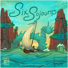 Six Sojourns is a reimagining of Ryan Laukat's third published design, Eight-Minute Empire. It's a short area control game full of tough choices, creative strategy and tactics, and high player interaction.

Your goal in Six Sojourns is to grow your family and broaden their influence. Players take turns selecting a card from five on display. Each card has actions that let players build houses, gain ships, move, and gain new family members.

The cards also have special abilities and sets of icons that represe