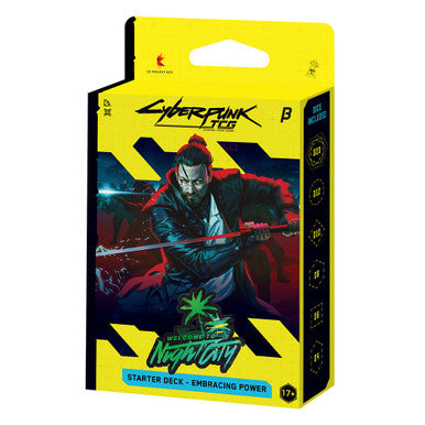 The Welcome to Night City Starter Decks are the best way to get your players excited about the Cyberpunk TCG, featuring many of the cards in our Alpha Kits. Each comes with a fully playable, 40-card deck with 3 Legends and a full set of 6 dice, everything you need to play.

Take control of Saburo Arasaka, Yorinobu Arasaka, and their faithful bodyguard Goro Takemura in the Embracing Power Starter Deck.