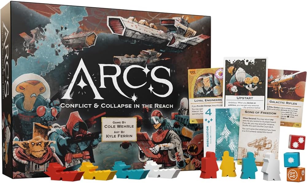 LEDER GAMES
Arcs is a sharp sci-fi strategy game for 24 players, set in a dark yet silly universe. Ready yourself for dramatic twists and turns as you launch into this galactic struggle. Seize the initiative. Take actions with multi-use cards. Copy the leader, pivot to new tactics, or take the initiative for the next round. Timing is everything. Declare ambitions. In each game, you define the objectives that everyone competes over to win. Crush your foes. Amass your navy for battle, plan your strategy with