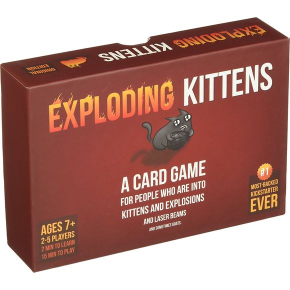 Exploding Kittens is a card game for people who are into kittens and explosions and laser beams and sometimes goats. In this highly-strategic, kitty-powered version of Russian Roulette, players draw cards until someone draws an Exploding Kitten, at which point they explode, they are dead, and they are out of the game -- unless that player has a defuse card, which can defuse the Kitten using things like laser pointers, belly rubs, and catnip sandwiches. All of the other cards in the deck are used to move, mi