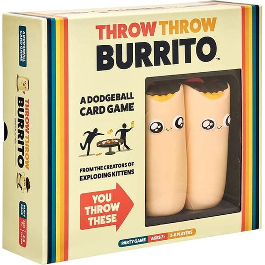 Throw Throw Burrito Is What You Get When You Cross A Card Game With Dodgeball. Try To Collect Matching Sets Of Cards Faster Than Your Opponents While Simultaneously Ducking, Dodging, And Throwing Squishy Airborne Burritos. The Cards You Collect Earn Points, But Getting Hit By Flying Burritos Loses Them. So Clear Some Space And Put Away The Antiques, Because You'Ve Never Played A Card Game Quite Like This Before. How It Works: Place A Pair Of Burritos On A Table And Draw Cards. Keep Your Cards A Secret. Rack