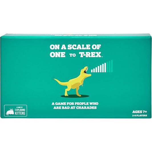 On a Scale of One to T-Rex is a game for people who are bad at charades brought to you by the creators of Exploding Kittens and The Mind.
