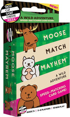 Embark on a wild adventure with Moose Match Mayhem, the speed-matching card game that creates a herd of excitement! Perfect for ages 7 and up, this fast-paced, multi-generational game is ideal for game nights, parties, and on-the-go fun! Chant "Moose! Match! Mayhem!" and race to collect three sets of moose, bears, or squirrels.