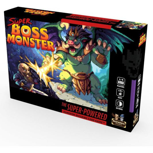 After a decade of dungeon-building fun, Boss Monster is leveling up to the next generation with Super Boss Monster! 1-4 players compete to build the ultimate side-scrolling dungeon by drafting room cards, playing spells, and luring in hapless adventurers. Super Boss Monster introduces the Town Board, which brings in new mechanics to the classic card game. Random room draws are replaced with a simple draft. Heroes still show up in town, but overflow into Locations (Temple, Stadium, Library, Hide-Out, and Tav