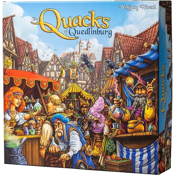 In The Quacks of Quedlinburg, players are charlatans —or quack doctors —each making their own secret brew by adding ingredients one at a time. Take care with what you add, though, for a pinch too much of this or that will spoil the whole mixture!Each player has their own bag of ingredient chips. During each round, they simultaneously draw chips from their bags and add them to their pots. The higher the face value of the drawn chip, the further it is placed in the pot's swirling pattern, increasing how much