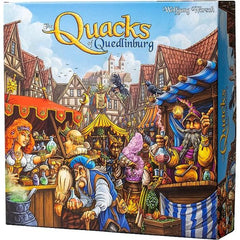 In The Quacks of Quedlinburg, players are charlatans —or quack doctors —each making their own secret brew by adding ingredients one at a time. Take care with what you add, though, for a pinch too much of this or that will spoil the whole mixture!Each player has their own bag of ingredient chips. During each round, they simultaneously draw chips from their bags and add them to their pots. The higher the face value of the drawn chip, the further it is placed in the pot's swirling pattern, increasing how much