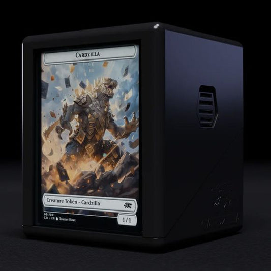 The Showcase 100+ securely holds 100 double-sleeved cards and features patented Lock Grip buttons for a firm, no spill close. Each box includes a custom Perfect Fit Toploader for front-facing display— perfect for holding any standard size card. Available in black, white, red, green, and blue. Holds 100 double sleeved cards, plus room for tokens. Patented lock grip buttons and design. Includes a perfect fit top loader with every box. Manufactured in the U.S.
