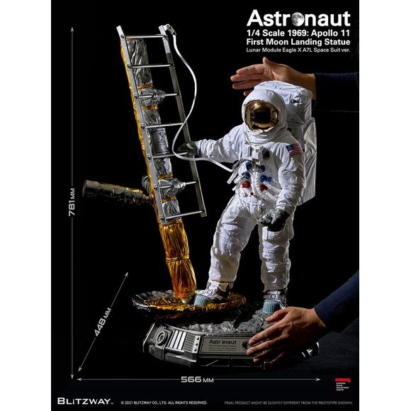 Astronaut :LM-5 A7L ver. The first moon landing by Apollo 11 and the first footstep ever imprinted on the surface of the moon Blitzway introduces the ASTRONAUT statue that captures this exact moment.

In August 1969, there was a historic moment that more than half a billion people worldwide watched on their televisions, Blitzway strived to turn this unforgettable moment into a vivid piece of art.

"That's one small step for a man, one giant leap for mankind." ASTRONAUT NEIL ARMSTRONG

As it was the pr