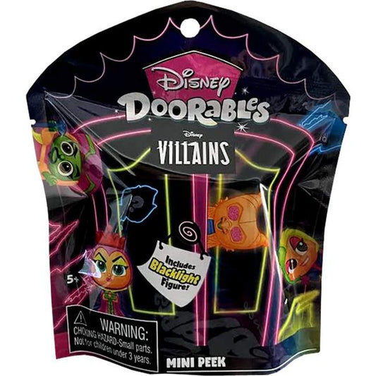 Disney Doorables Mini Peek Villians collectible figures. Unbox 1 out of 13 possible blacklight figures hidden inside. Each character stands approximately 1.5 inches tall and features stylized detailing with sparkly glitter eyes and will glow under any blacklight.

Behind every door is a surprise with these Disney Doorables! This blind assortment of figures includes your favorite Disney Villains like Jafar, Cruella De Vil, Maleficent and more. They also glow under blacklight! Which adorable figure will you g