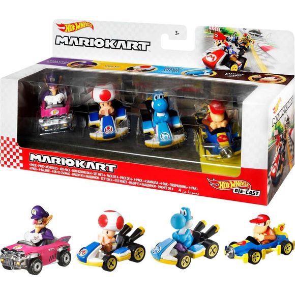 Kids can choose their favorite mix of Mario Kart character-inspired karts and speed off for racing and stunting madness with Hot Wheels Mario Kart 4-Packs! Each features four 1:64 scale Mario Kart die-cast vehicles, including one exclusive vehicle. The fan-favorite character karts perform on Hot Wheels track to let kids power-up their imaginations by combining the thrill of Hot Wheels performance with the racing and thrills of Mario Kart! Offering an instant collection, these Mario Kart Hot Wheels vehicles