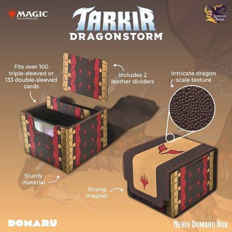 Inspired by the strength and elegance of Japanese armor, DOMARU, meaning chest armor or body wrap, is our series designed to provide your cherished collection with the best protection it deserves. May this DOMARU Box become a trusted companion as you enlist it into your gaming journey. Product Features: Tarkir: Dragonstorm Inspired Design: Featuring textured scale patterns of the five dragons, the Tarkir: Dragonstorm DOMARU Box is the perfect way to showcase your love for the set. Spacious Storage: Whether