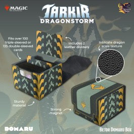 Inspired by the strength and elegance of Japanese armor, DOMARU, meaning chest armor or body wrap, is our series designed to provide your cherished collection with the best protection it deserves. May this DOMARU Box become a trusted companion as you enlist it into your gaming journey. Product Features: Tarkir: Dragonstorm Inspired Design: Featuring textured scale patterns of the five dragons, the Tarkir: Dragonstorm DOMARU Box is the perfect way to showcase your love for the set. Spacious Storage: Whether