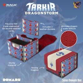 Inspired by the strength and elegance of Japanese armor, DOMARU, meaning chest armor or body wrap, is our series designed to provide your cherished collection with the best protection it deserves. May this DOMARU Box become a trusted companion as you enlist it into your gaming journey. Product Features: Tarkir: Dragonstorm Inspired Design: Featuring textured scale patterns of the five dragons, the Tarkir: Dragonstorm DOMARU Box is the perfect way to showcase your love for the set. Spacious Storage: Whether