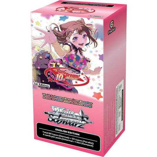 WSE Premium Booster BanG Dream! 10th Anniversary!
A product celebrating the 10th anniversary of the BanG Dream! series!

• Comes with 10 cards containing new illustrations drawn by Character Designer and Art Director of hit mobile game, "BanG Dream!", Osamu Nobusawa!

• Collect all members from "Poppin'Party" to "Mugendai MewType"!

What's more, each pack also guarantees a hot stamped card!

NEO-STANDARD DECK CONSTRUCTION
The cards in this Premium Booster may be used together with cards with card numbers be
