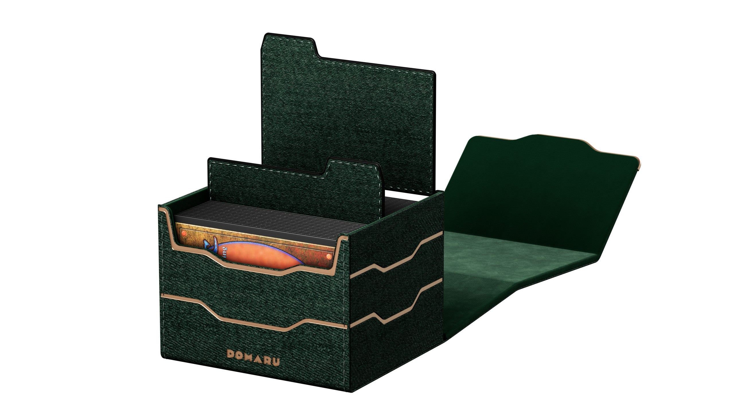 The DOMARU Armory Collection is our latest deck box line, built for strength, durability, and a commanding presence at the table. Featuring refined metallic details, a rugged textured exterior, and strong magnetic closures, each Armory box delivers uncompromising protection for serious play. Side Loading. Fits 100 double-sleeved cards. Includes 2 leather dividers. Strong Magnets. Sturdy textured leather materials and metallic details.