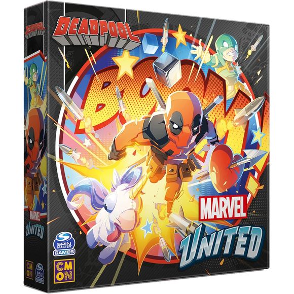 This expansion requires the Marvel United Base Game
Deadpool is an expansion for Marvel United that brings you a whopping 3 flavors of the Merc with a Mouth, as well as his not-so-trusty sidekick, Bob. These most unusual characters can all be played as either Heroes or Villains, always with tongue stuck firmly in cheek. Not content with being just a 4th wall-breaking Hero and unbeatable Villain, Deadpool can also crash into any game, riding his plush unicorn, in the form of a Challenge that sows chaos where