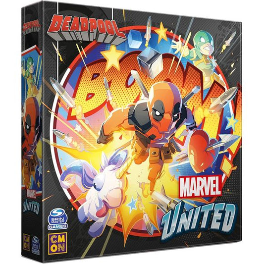 This expansion requires the Marvel United Base Game
Deadpool is an expansion for Marvel United that brings you a whopping 3 flavors of the Merc with a Mouth, as well as his not-so-trusty sidekick, Bob. These most unusual characters can all be played as either Heroes or Villains, always with tongue stuck firmly in cheek. Not content with being just a 4th wall-breaking Hero and unbeatable Villain, Deadpool can also crash into any game, riding his plush unicorn, in the form of a Challenge that sows chaos where