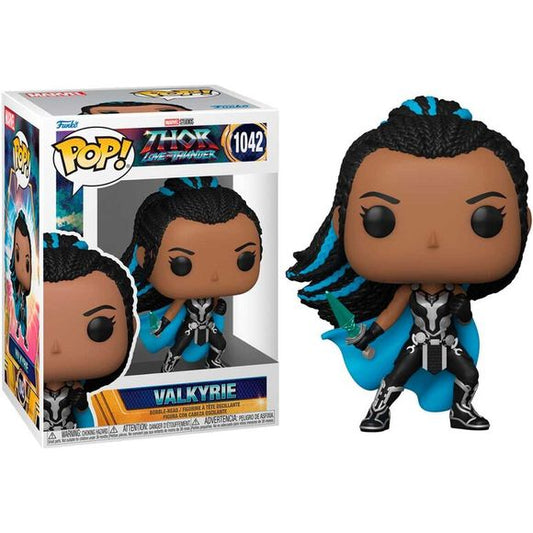 With superhuman strength, Valkyrie defends Asgard. Pop! Valkyrie from Marvel’s Thor: Love and Thunder, wields her sword, her blue cape waving in the wind.