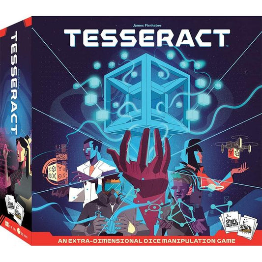 Tesseract is a compelling, cooperative dice-manipulation game for 1 to 4 players. The focal point of the game is a block of 64 dice, the Tesseract, which sits at the center of the board on a raised platform. Players will remove cubes to place in their individual labs, transfer them as needed to others, adjust the cube's values and, importantly, isolate the cubes into the containment matrix, neutralizing them. To contain a cube a player must have in their lab 3 or more cubes all of one value (a Set) or in se