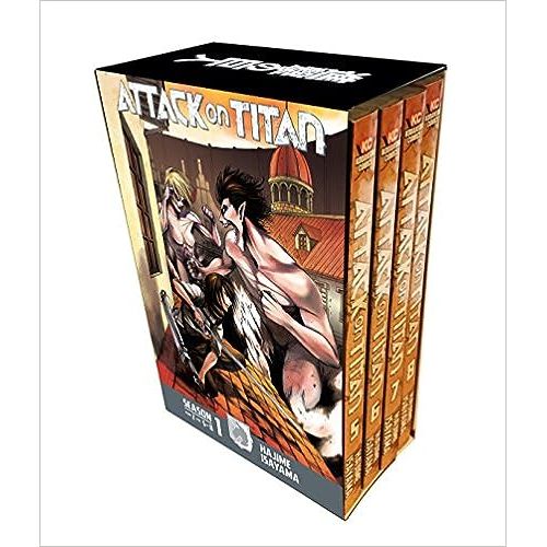 Continue your journey outside the walls with the manga that inspired the second half of season 1 of the hit anime Attack on Titan! Includes Vols. 5-8. Also includes two EXCLUSIVE sticker sets featuring your favorite characters!

After helping the Garrison to victory, retaking Trost District from the Titans, Eren awakens in a prison cell. He may be a hero to the common people, but among the leaders of humanity, fear of Eren's mysterious powers threatens his continued survival. It's only the insistence of the