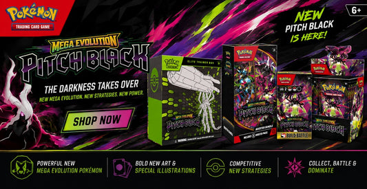 Promotional graphic for the Pokémon TCG Mega Evolution Pitch Black box set, showing multiple product boxes and packs on a dark, neon-colored background with text including 'Shop Now' and 'New Pitch Black is Here!'.
