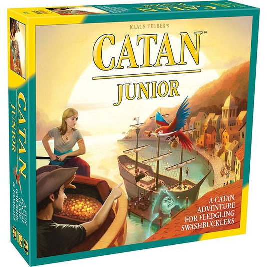 A Catan adventure for fledgling swashbucklers. Explore the Seas Catan: Junior introduces a modified playing style of the classic game giving younger players the opportunity to experience the world of Catan. Designed for players as young as 5 and is a perfect introduction to the Catan series of games for kids and families. Catan: Junior takes place on a ring of islands where 2 to 4 players build hideouts, and the mysterious Spooky Island, where the Ghost Captain lives. Each island generates a specific resour
