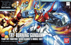 An enhanced version of the Burning Gundam in the second half of the Gundam Build Fighters Try TV anime series. Features impressive articulation for recreation of martial arts poses. Includes fiery punch, kick, back, and flame effect parts as well as 4 different type of hands showcasing martial arts gestures. Runner x10, Foil sticker, Instruction manual. Approx. 5" tall.