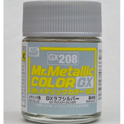 Mr. COLOR paint that features quick drying and strong coating for added appeal. This paint can be mixed with Mr. COLOR currently on the market and used with Mr. COLOR THINNER or LEVELING THINNER for dilution. GX208 Metallic Rough Silver Primary. 18ml screw top bottle.