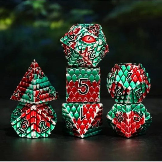 The perfect companion for your gaming needs! These premium die-cast polyhedral dice are exactly what you've been searching for that upcoming game night with the group. Each set weighs roughly 5 ounces and are stored in a quality, brushed metal tin with foam insert. These dice are engraved with crisp, easy-to-read numerals. Many styles and colors are available.

This set includes one of each: d20, d12, d10, d10 (percentile), d8, d6, and a d4 (7 dice in total). All inside a premium Dice Tin.