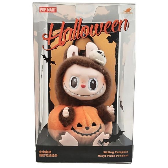 POP MART Labubu Happy Halloween Party Series Sitting Pumpkin Vinyl Plush Pendant.  Approximately 5.9" tall (not including hanging loop).  Authentic.