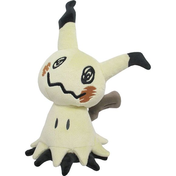 Mimikyu is a small Pokémon whose body is almost entirely hidden under a veil. Its beady black eyes are visible through holes in the body of its disguise, and the fringe of an amorphous foot or lower body appears to be visible under the hem of its veil. Occasionally, it will also extend a black appendage from under its veil. The veil itself resembles a Pikachu. The cloth is yellow with black tipped ears. The Pikachu face appears to be drawn with crayons, consisting of black eyes, red cheeks, and a squiggly b