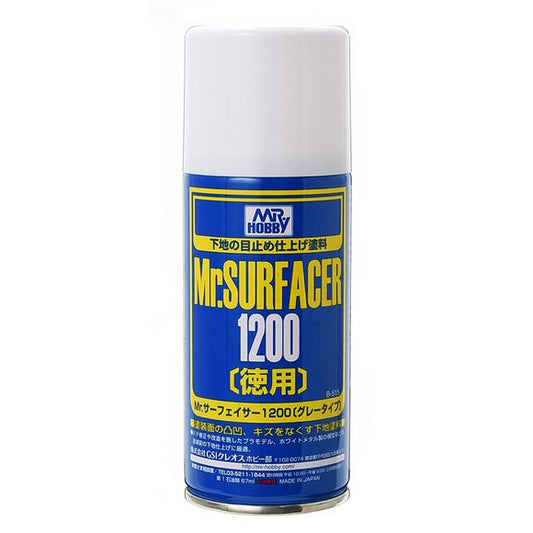 Mr.SURFACER 1200 contains finer granules than Mr.SURFACER 1000. They are both used in much the same way but due to the finer granules after sanding with waterproof sand-paper, a perfectly corrected surface is possible. Available in bottle and spray. Provides neutral color background and prepares surface for paint application. 170ml.