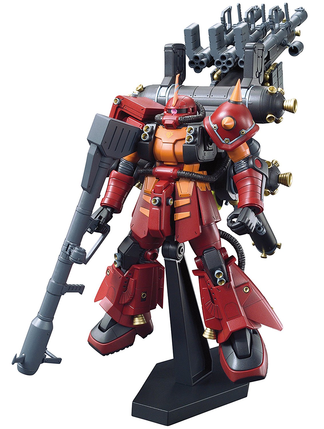 From "Gundam Thunderbolt" comes a heavily armed High Mobility Type Zaku!  A large cache of weapons including Zaku Machine Gun, 3 Zaku Bazookas, sturm faust, giant bazooka, heat hawk are included. A display stand is included to pose the massive size of this Zaku.  Runner x14, sticker, Instruction Manual.