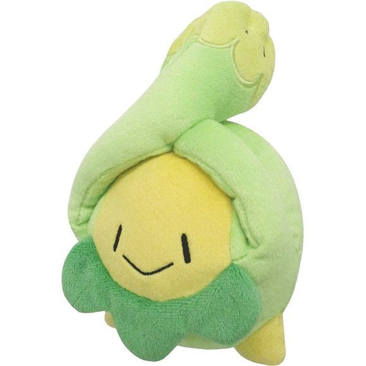 Budew is a bipedal, rosebud-like Pokémon. Its face is yellow with small, slit-like eyes. It appears to be wearing a green bib, and has triangular, stubby yellow feet. When the two vines that are on top of its head open up, a big spot can be seen on each. One vine has a blue spot, while the other has a red spot. It keeps its buds closed during the cold winter, but opens them again in the spring and releases pollen. The pollen it scatters induces harsh sneezing and runny noses. It lives near clean pools and p