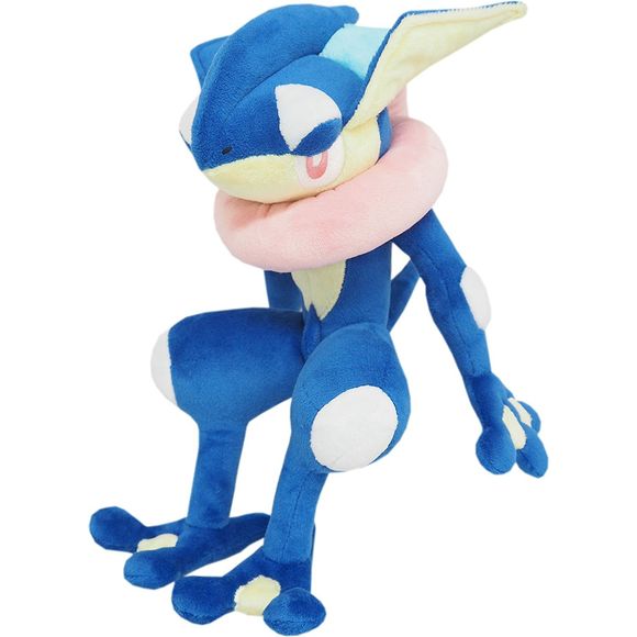 Greninja is a large, bipedal, frog-like Pokémon. Its body and legs are dark blue, with single large white bubbles on its legs and arms and white spots over its eyes. On the sides of each of its upper thighs is a light blue, four-pointed star, which resembles a shuriken. Its back feet have two toes, while its front feet have three toes. Its feet are webbed, and it has a yellow chest and a yellow-and-blue face. It has eyes with white sclera, red irises, and white pupils. A large, projecting dark blue stripe r