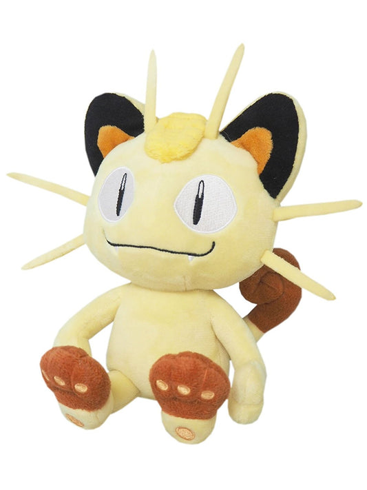 Meowth is a small, feline Pokémon with cream-colored fur that turns brown at the tips of its hind paws and tail. Its ovoid head features four prominent whiskers, wide eyes with slit pupils, two pointed teeth in the upper jaw, and a gold oval coin embedded in its forehead. Its ears are black with brown interiors, and are flanked with an additional pair of long whiskers. Meowth is a quadruped with the ability to walk on its hind legs; while the games always depict Meowth on two legs, the anime states that Meo