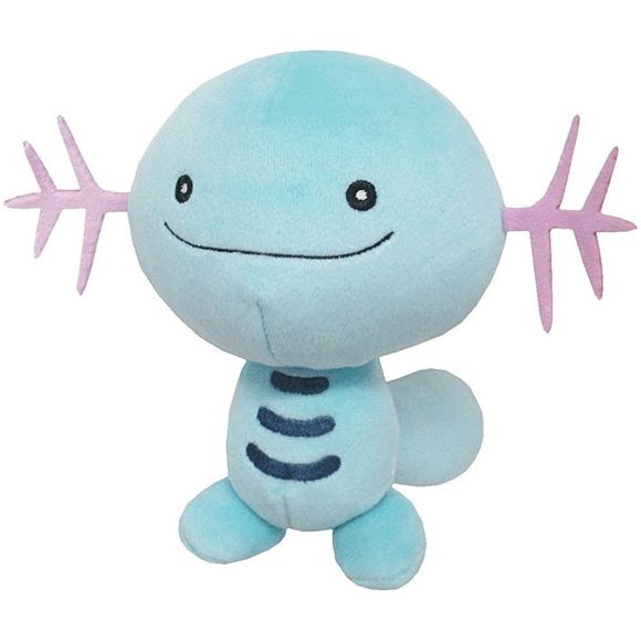 Wooper is a mostly blue, amphibious Pokémon that resembles an upright, armless axolotl. Wooper's head is large compared to its body, and it has small, round, black eyes. It has purple, branching gills on either side of its head; the males have more branches in its gills than the females. Wooper stands on two small, round feet, and it has a large, thick tail. On its belly are dark blue curved markings. Approx. Size: 6.5"L (ear to ear) x 3.5"W x 6"H.