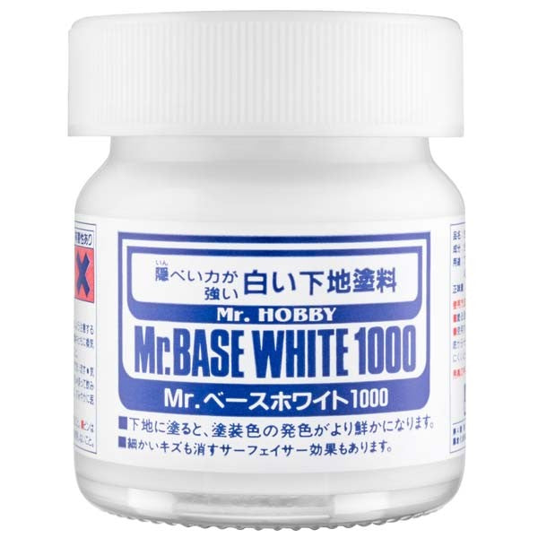 Mr. BASE WHITE is useful for making a black, red or other dark-colored surface white. This newly developed product uses special pigments to completely hide the base color and aids application of detailed finishing and top coats. Because it also works as a surfacer, it can be used to hide small imperfections. 40ml.
