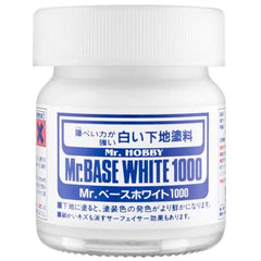 Mr. BASE WHITE is useful for making a black, red or other dark-colored surface white. This newly developed product uses special pigments to completely hide the base color and aids application of detailed finishing and top coats. Because it also works as a surfacer, it can be used to hide small imperfections. 40ml.