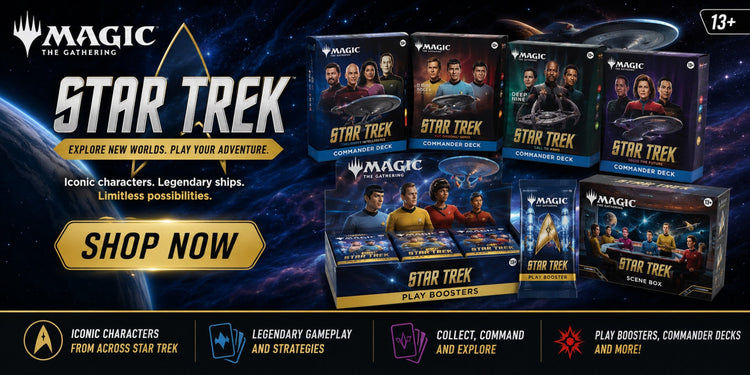 Magic: The Gathering Star Trek trading card set promotional graphic showing multiple Star Trek product boxes and booster packs arranged on a space-themed background, with Magic branding, Star Trek text, and a large 'SHOP NOW' button.