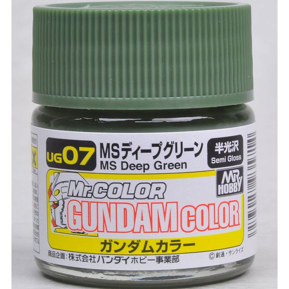 Mr Gundam Color paint, suitable for hand brushing & airbrushing, with good adhesion & fast drying is one of the finest scale modelling / hobby paints available. Solvent-based Acrylic, thin with Mr Color Thinner or Mr Color Levelling Thinner. Treat paint as a lacquer.  UG07 MS Deep Green Semi-Gloss Paint. 10ml screw top bottle.

1 - 2 coats are recommended when brush painting
2 - 3 coats when using an air brush - after diluting to a ratio of 1 (Mr.Color) : 1-2 (Mr. thinner).
Mix in 5 - 10% of Flat Base t
