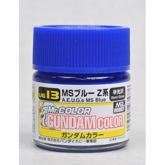 Mr Gundam Color paint, suitable for hand brushing & airbrushing, with good adhesion & fast drying is one of the finest scale modelling / hobby paints available. Solvent-based Acrylic, thin with Mr Color Thinner or Mr Color Levelling Thinner. Treat paint as a lacquer.  UG13 A.E.U.G. MS Blue Semi-Gloss Paint. 10ml screw top bottle.

1 - 2 coats are recommended when brush painting
2 - 3 coats when using an air brush - after diluting to a ratio of 1 (Mr.Color) : 1-2 (Mr. thinner).
Mix in 5 - 10% of Flat Bas
